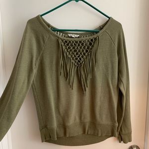 American Eagle Green Long Sleeve w/Crochet Fringe